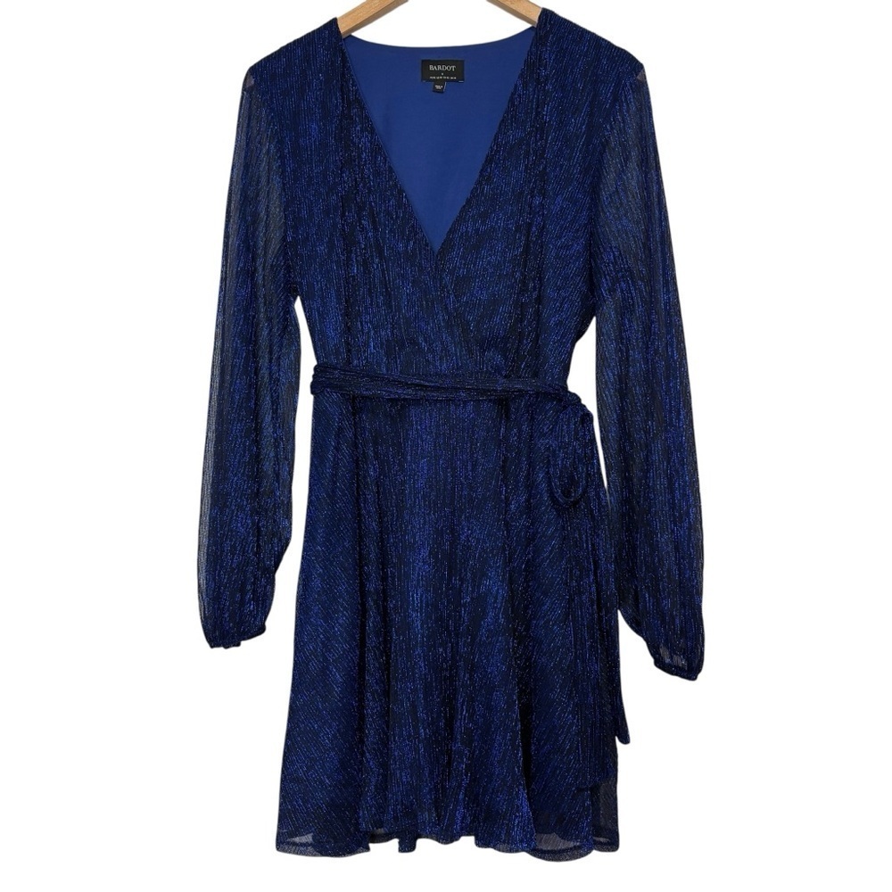 Bardot Mini Dress Cocktail Metallic Navy XL US 10 Long Sleeve - Picture 7 of 15